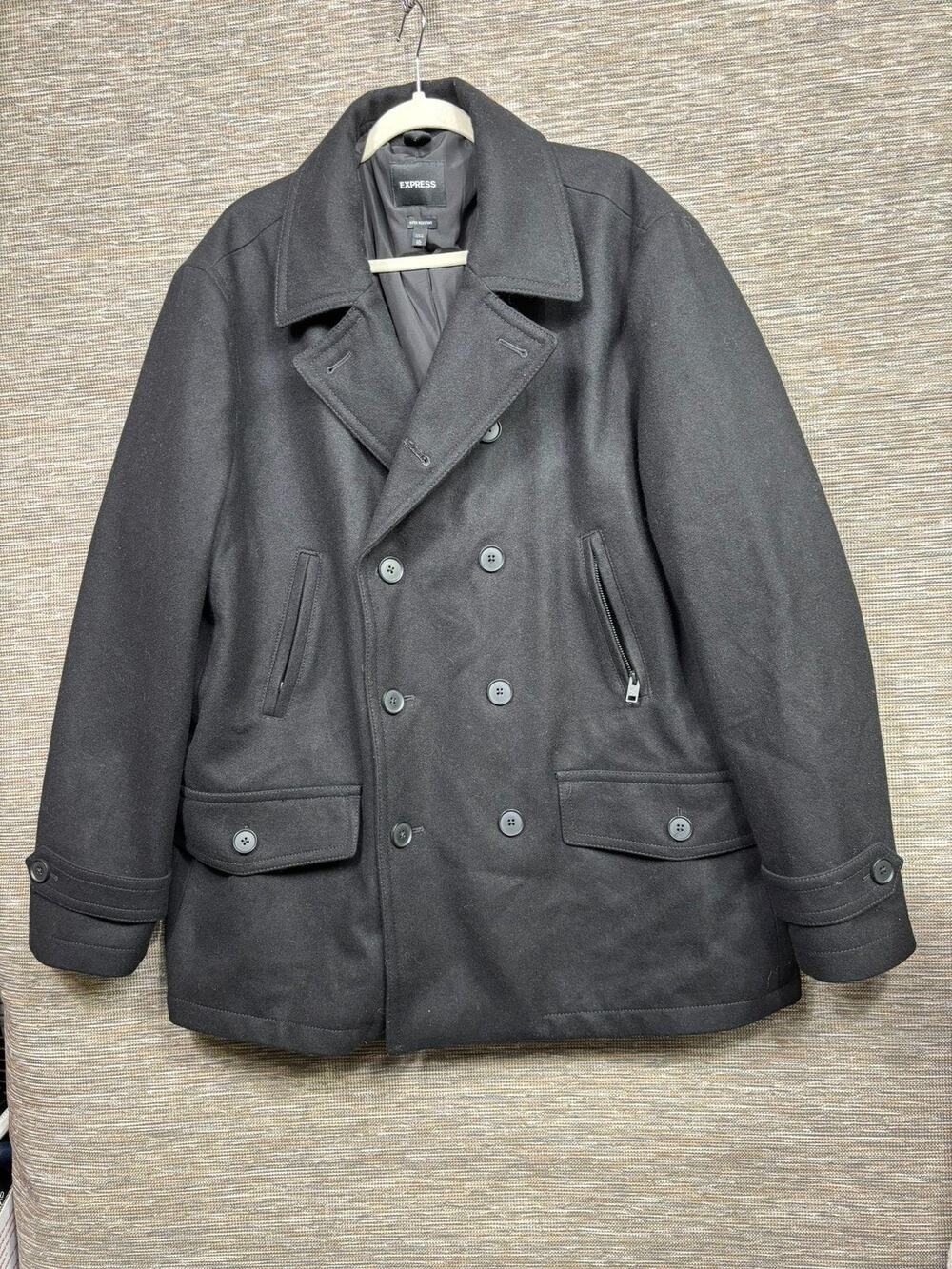 Express Pea Coat Mens 2XL Black Wool Double Breasted Water Resistant Insulated